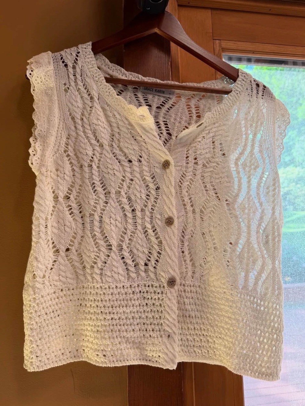 Grace Karin Cream Crochet Knit Sleeveless Top